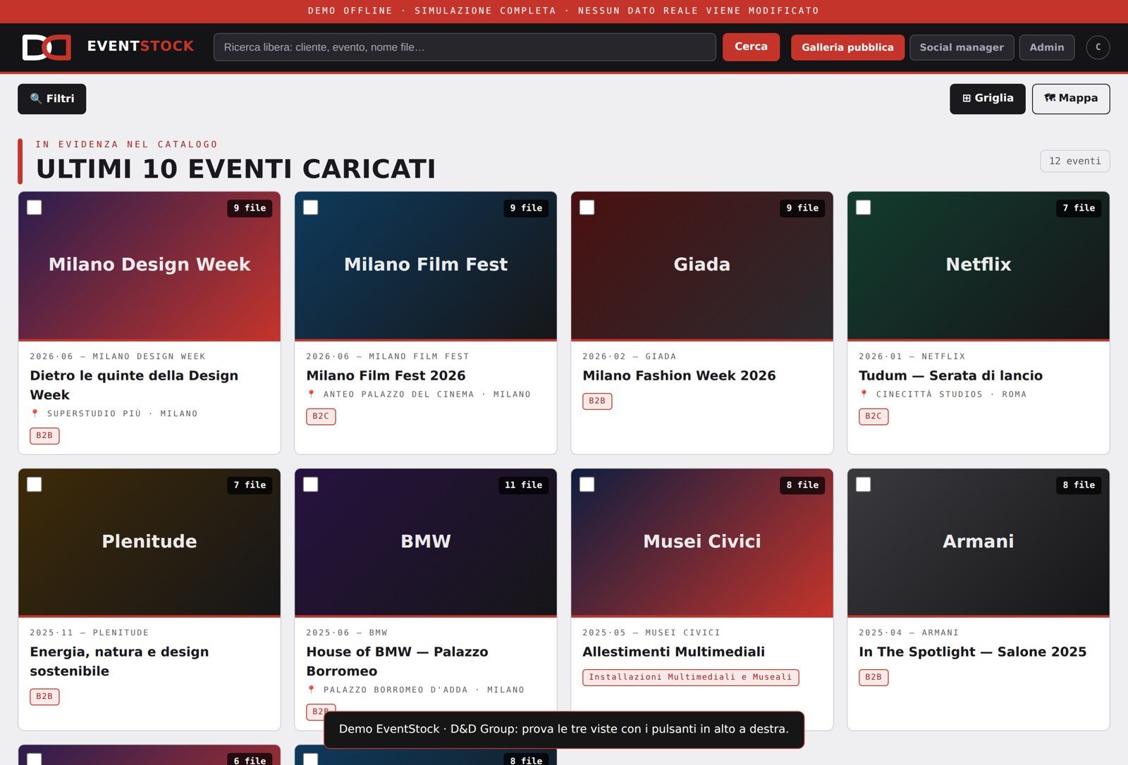 La galleria pubblica di EventStock con gli eventi filtrabili