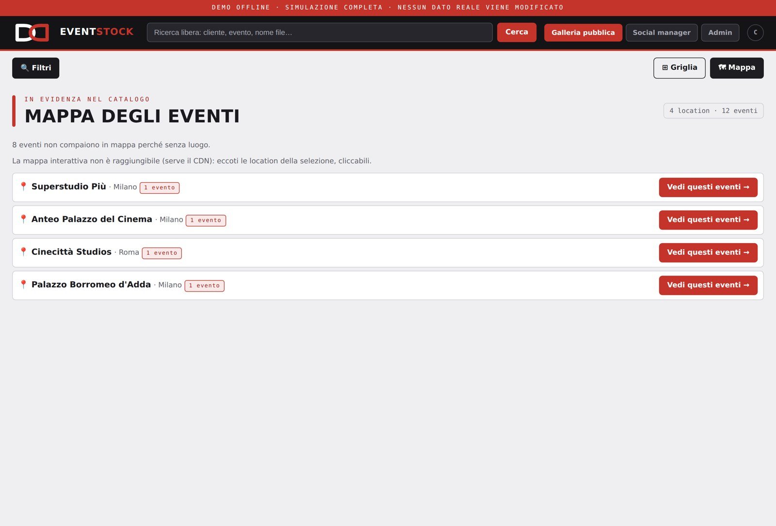 La vista mappa che geolocalizza gli eventi per location