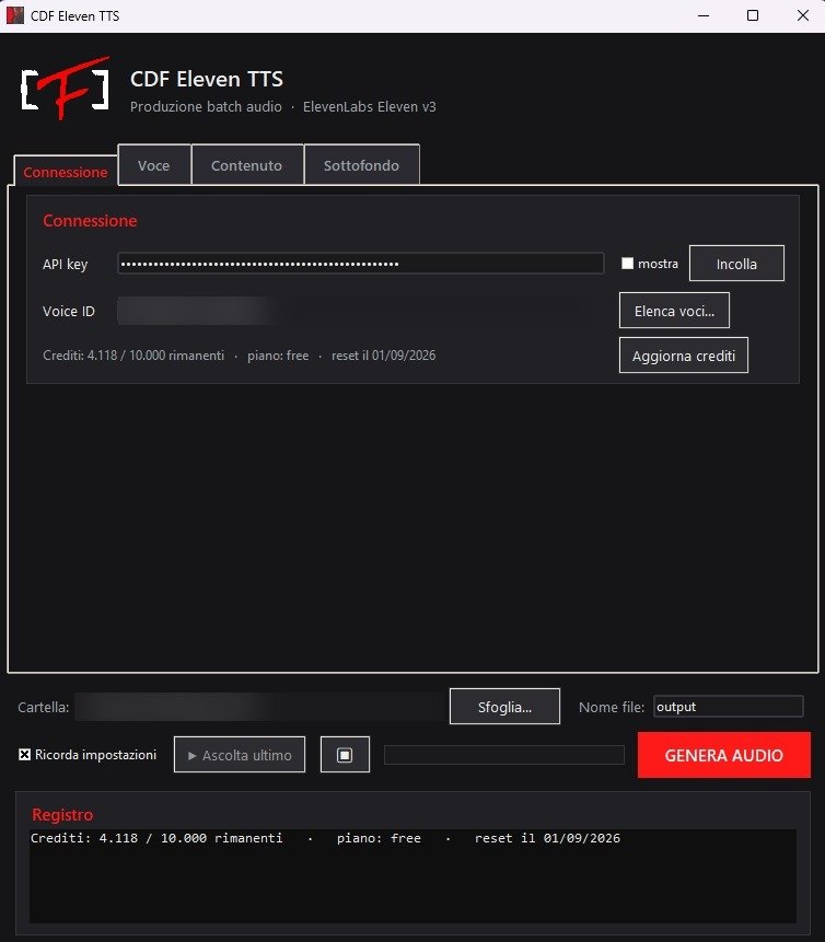 La schermata principale di CDF Eleven TTS con la scheda Connessione