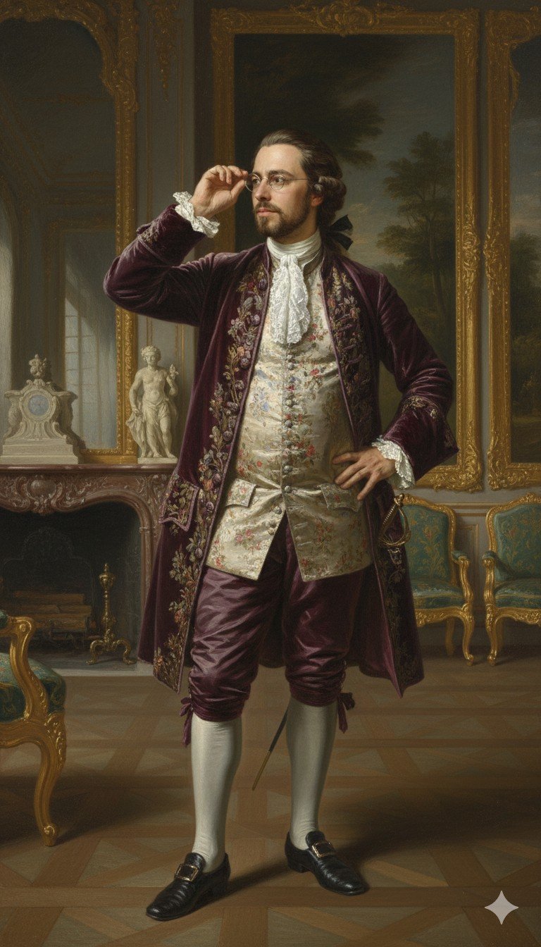 Autoritratto immaginario da nobile settecentesco, in una galleria di quadri — immagine generata con IA