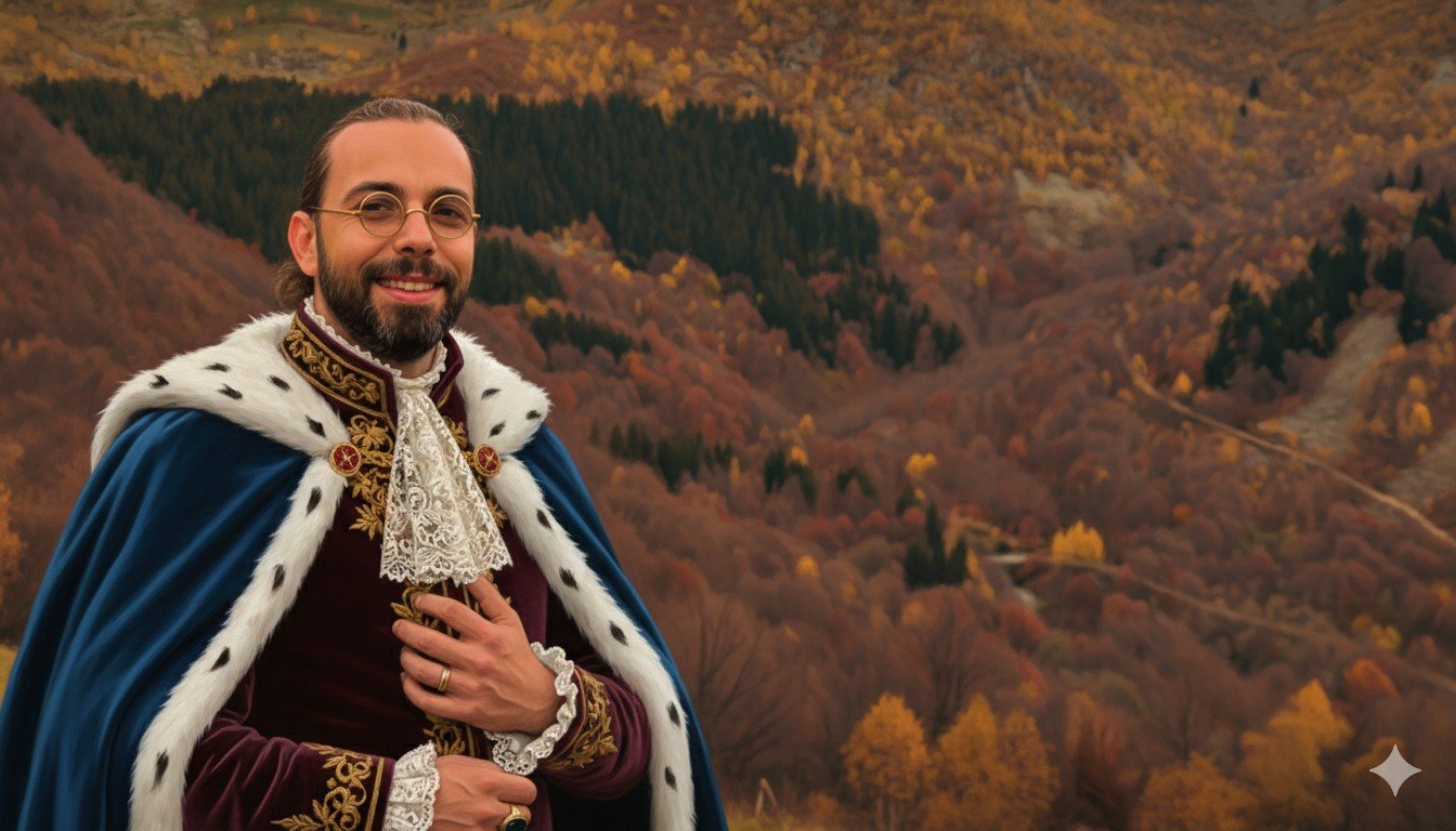 Autoritratto immaginario da sovrano in manto d'ermellino, sulle colline d'autunno — immagine generata con IA