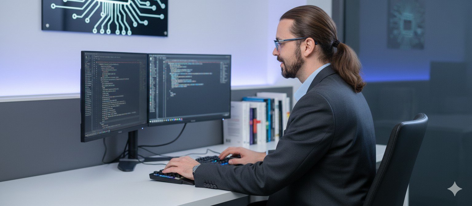 Autoritratto immaginario al lavoro in ufficio, davanti a due schermi — immagine generata con IA