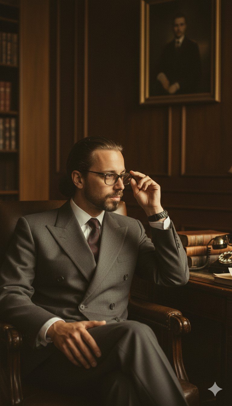 Autoritratto immaginario da uomo d'affari anni Trenta, alla scrivania — immagine generata con IA