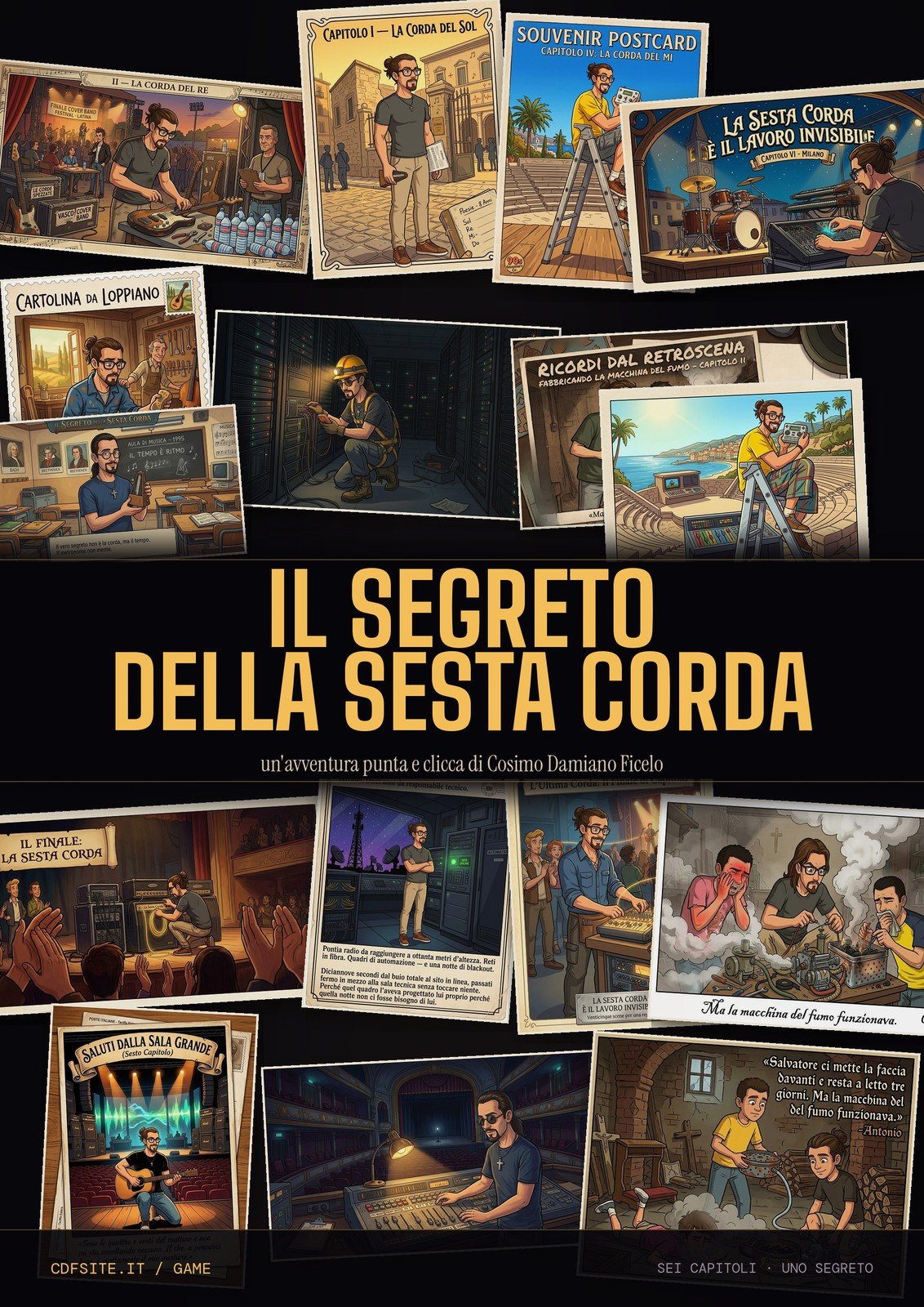La locandina del gioco, con le cartoline dei sei capitoli