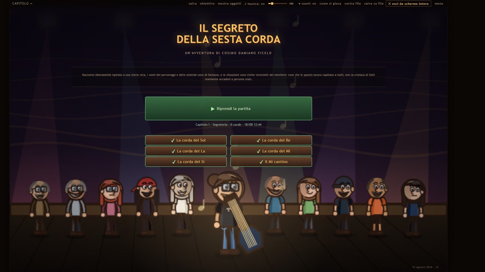Il menu principale del gioco, con i sei capitoli sbloccati