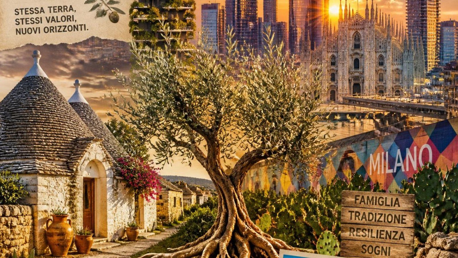 Copertina di Radici di Vento: l'ulivo tra i trulli e lo skyline di Milano